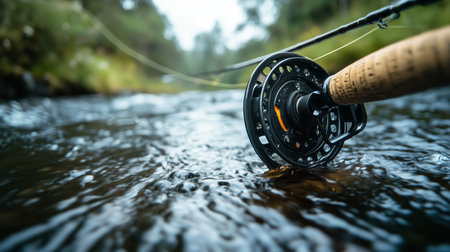 A fly fishing reel partially submerged in a tranquil stream surrounded by lush greenery on a calm morningの素材