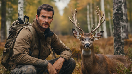 A man crouches beside a deer in a tranquil forest during autumn, showcasing a bond with nature and wildlife conservation effortsの素材