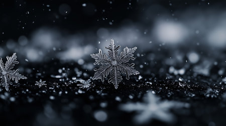 Delicate snowflakes gently falling on a dark surface, creating a serene winter atmosphere during a quiet eveningの素材