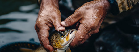 A fisherman carefully removing a hook from a freshly caught trout beside a serene river during the early morning hoursの素材