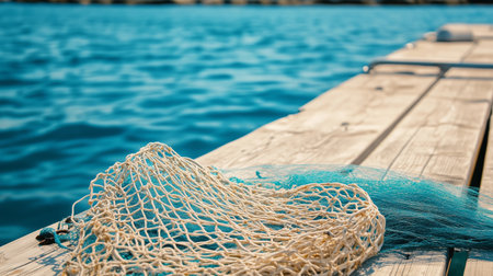 A weathered fishing net rests on a wooden dock beside calm blue waters on a sunny dayの素材