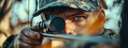 A focused hunter aims carefully through foliage at dawn in a serene forest while preparing for a successful shotの素材