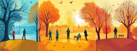 Autumn park activities with varied tree colors showcasing natures beauty during fall in a serene landscapeの素材