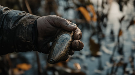 A hunter holds a mallard duck call in a wetland setting during the early morning hours, preparing for waterfowl seasonの素材