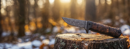 A rustic knife rests on a wooden stump amid a serene forest setting during sunset hours, highlighting natures beauty and craftsmanshipの素材