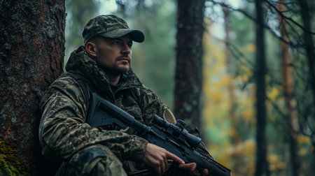 A soldier rests against a tree in a dense forest during a cloudy afternoon, preparing for the next mission in a tranquil wilderness settingの素材