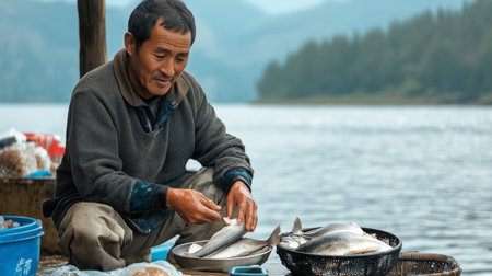 A man skillfully filleting freshly caught fish by the tranquil lakeside in the early morning lightの素材