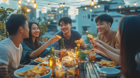 A lively outdoor gathering with friends enjoying snacks and drinks during a warm evening under string lights in the cityの素材