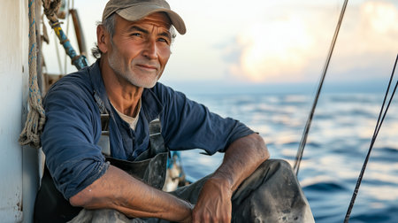 A seasoned fisherman relaxes on a boat amidst tranquil waters during the early morning light at seaの素材