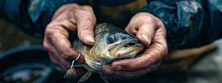 A fisherman proudly holds a freshly caught fish in his weathered hands beside a tranquil river in the early morning lightの素材