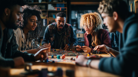 Group of friends enjoying a board game night together in a cozy living room on a weekend eveningの素材