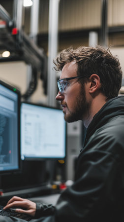 Focused young man working on computer screens in a modern office during daytime, analyzing data or programmingの素材