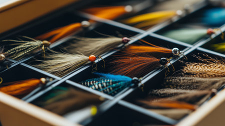 Colorful assortment of fishing flies neatly organized in a storage box ready for fishing trips by the river in the early morning lightの素材
