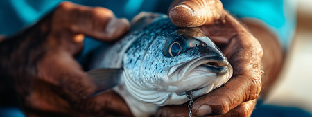 A fisherman holds a freshly caught fish while showcasing his catch in natural light near the waters edge in the early morningの素材
