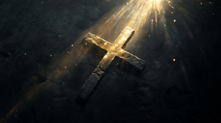 A glowing cross illuminated by rays of light against a dark background, symbolizing hope and faith in spiritual contextの素材