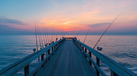 Sunset fishing on a tranquil pier overlooking calm waters and beautiful pastel skiesの素材