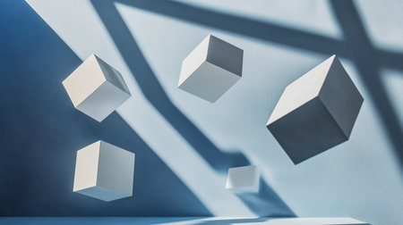 Floating white cubes casting shadows in a sunlight-filled room during the afternoon hoursの素材