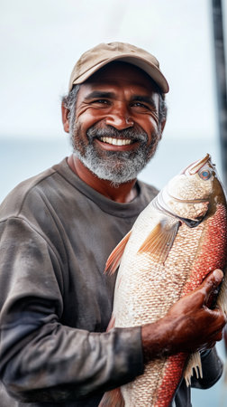 A beaming fisherman proudly holds a large catch while standing by the waters edge during a sunny afternoonの素材