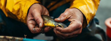 A fisherman carefully holds a caught fish while wearing a yellow waterproof jacket on a cloudy day by the riverbankの素材