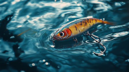 A brightly colored fishing lure gliding through water on a sunny summer dayの素材