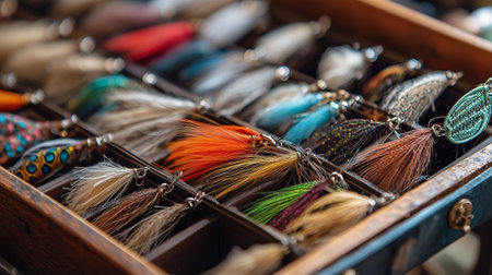 Colorful collection of fishing flies arranged in a wooden box at a local fishing shop during afternoon lightの素材