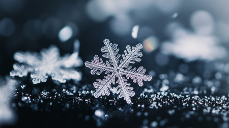 Delicate snowflakes rest on a dark surface, capturing the essence of winters beauty and tranquility on a snowy dayの素材