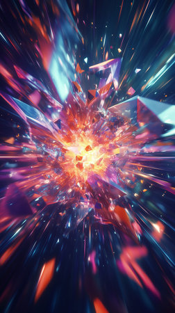 Colorful explosion of light and shards in a dynamic swirl representing energy and movement in an abstract cosmic settingの素材