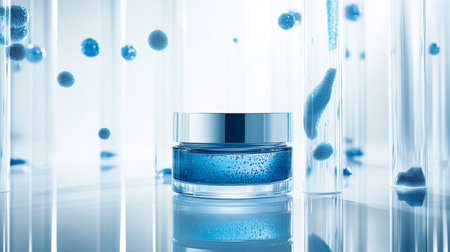 A blue skincare cream jar surrounded by bubbles and glass tubes in a bright, modern studio settingの素材