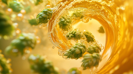 A close-up view of swirling hops in golden beer creates a dynamic and vibrant composition in a brewery settingの素材
