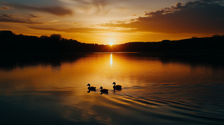 Ducks swimming peacefully in a tranquil lake at sunset with vibrant orange and purple hues reflecting on the waters surfaceの素材