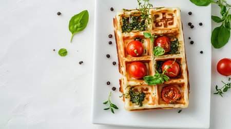 Deliciously prepared savory waffles topped with fresh tomatoes and basil on a white plateの素材