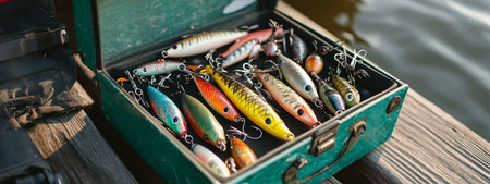 Colorful fishing lures packed in a vintage green tackle box on a wooden dock next to calm water during daylight hoursの素材
