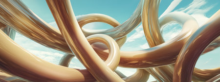 Surreal intertwining shapes soar against a bright sky in an abstract depiction of modern artの素材