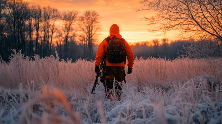 A hunter walks through a frosty field at dawn, capturing the beauty of nature with a vibrant sunrise illuminating the landscapeの素材