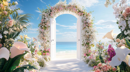 A floral archway leads to a tranquil beach with turquoise waters under a bright blue sky during a sunny dayの素材