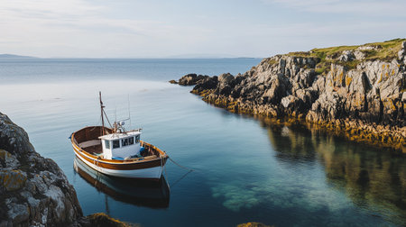A fishing boat anchored in a tranquil cove surrounded by rocky cliffs on a sunny day along the coastの素材