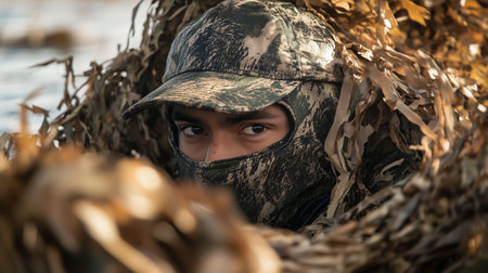 A young hunter in camouflage gear patiently waits for waterfowl in the marsh during early morning lightの素材