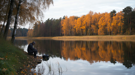 A solitary angler relaxes by the lakeside as autumn foliage reflects on the tranquil water during a calm afternoonの素材