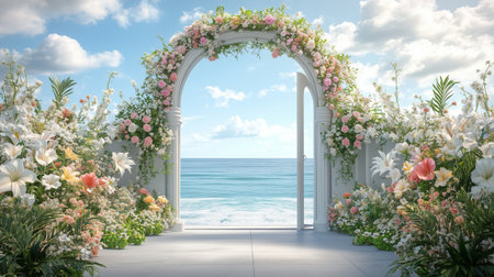 A beautiful flower-adorned archway opens to a serene ocean view on a sunny day, creating a perfect wedding backdropの素材