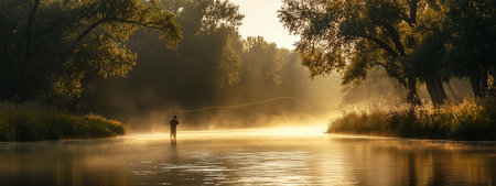 Early morning fisherman wades through misty river at sunrise surrounded by lush trees and tranquil natureの素材