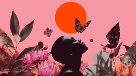 A serene silhouette of a woman against a vibrant pink backdrop with butterflies, flowers, and a bold orange sun at sunsetの素材
