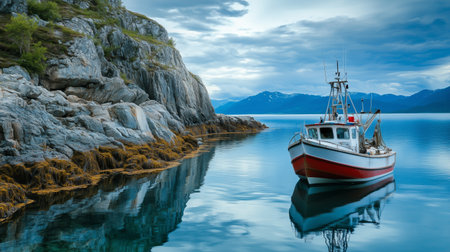 A tranquil fishing boat anchored in a calm fjord surrounded by rocky cliffs and distant mountains at duskの素材