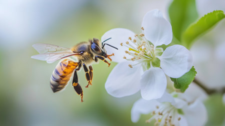 A honeybee collecting pollen from a blooming white flower in springtime sunlightの素材