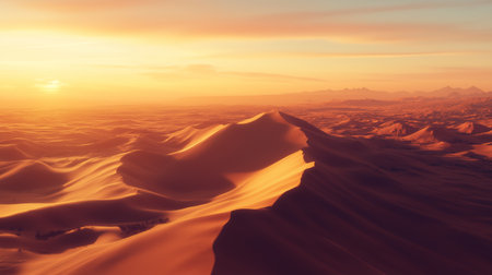 Golden hour light casts warm hues over vast desert dunes, highlighting the ripples of sand in a peaceful landscapeの素材