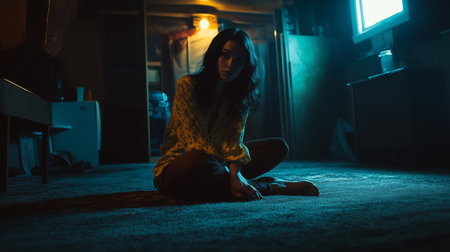 A woman sitting alone on a carpeted floor in a dimly lit room with a television glowing in the background during nighttimeの素材