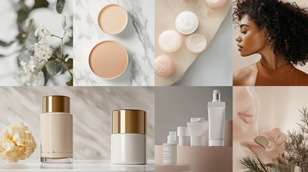 Elegant display of skincare products and natural ingredients in soft tones, showcasing beauty routines in a minimalist settingの素材