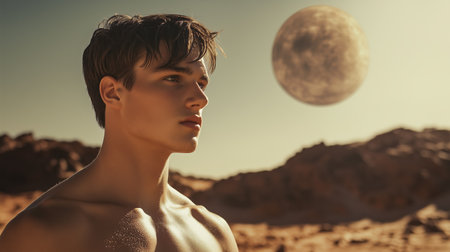 A young man stands contemplatively in a desert landscape under a large moon during twilight, evoking a sense of wonder and possibilityの素材