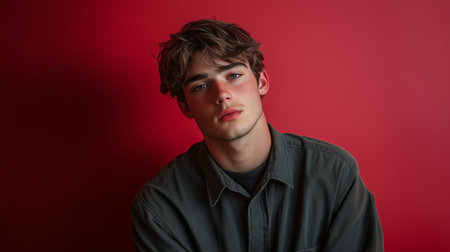 Young man posing casually against a red background, showcasing a relaxed expression in a contemporary settingの素材