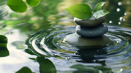 Tranquil stack of stones with green leaves atop, resting on the waters surface, creating ripples in a serene garden settingの素材