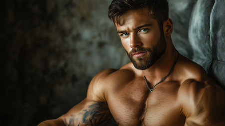 Muscular man posing against a textured wall in a dimly lit setting with a confident expression and stylish accessoriesの素材